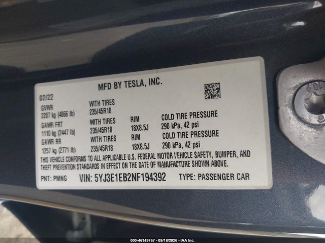 Tesla Model 3 Long Range Dual Motor All-wheel Drive 2022 5YJ3E1EB2NF194392 Image 9