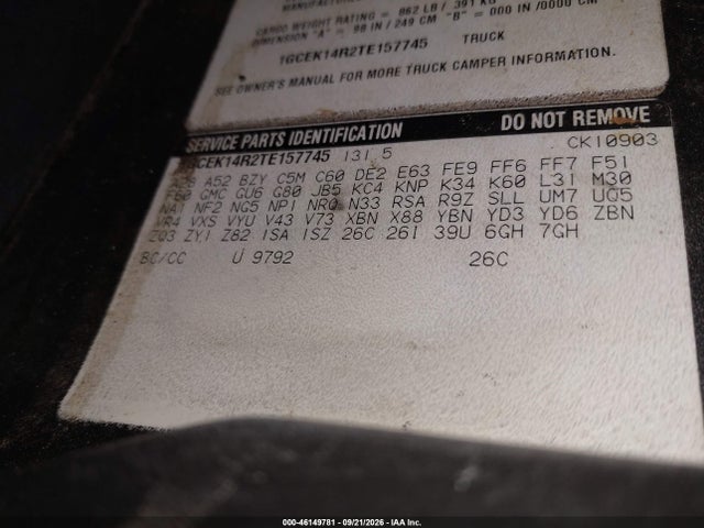 46149781 :رقم المزاد ، 1GCEK14R2TE157745 vin ، 1996 Chevrolet Gmt-400 K1500 مزاد بيع