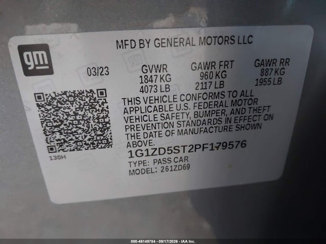 Aukcja sprzedaży 2023 Chevrolet Malibu Fwd 1lt, vin: 1G1ZD5ST2PF179576, numer aukcji: 46149784