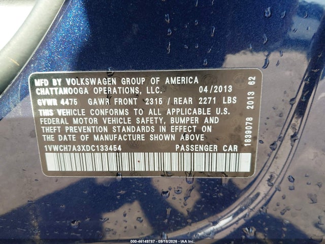 2013 Volkswagen Passat 2.5l Sel Premium მანქანა იყიდება აუქციონზე, vin: 1VWCH7A3XDC133454, აუქციონის ნომერი: 46149787