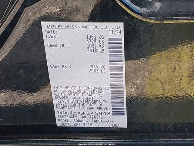 2025 Nissan Altima Sv Fwd მანქანა იყიდება აუქციონზე, vin: 1N4BL4DVXSN345948, აუქციონის ნომერი: 46149790