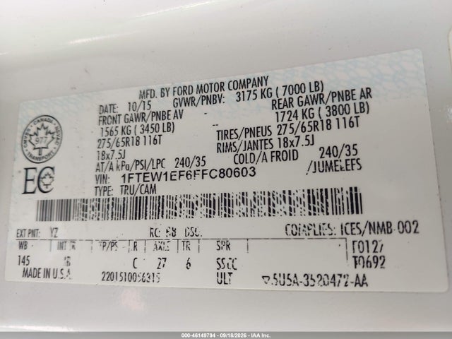 Продажа на аукционе авто 2015 Ford F-150 Xlt, vin: 1FTEW1EF6FFC80603, номер лота: 46149794