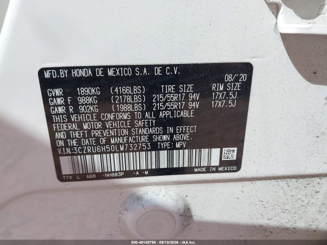 46149798 :رقم المزاد ، 3CZRU6H50LM732753 vin ، 2020 Honda Hr-v Awd Ex مزاد بيع