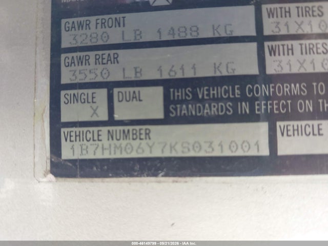 1989 Dodge W-series W100 მანქანა იყიდება აუქციონზე, vin: 1B7HM06Y7KS031001, აუქციონის ნომერი: 46149799