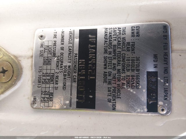 Продажа на аукционе авто 1992 Subaru Loyale, vin: JF1AN4221NB418077, номер лота: 46149805