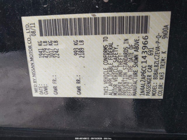Продаж на аукціоні авто 2012 Nissan Altima 2.5 S, vin: 1N4AL2AP6CC143966, номер лоту: 46149812