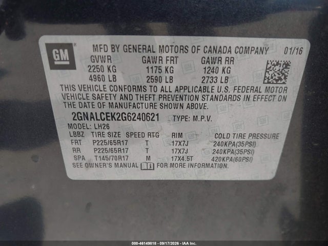 Продажа на аукционе авто 2016 Chevrolet Equinox Lt, vin: 2GNALCEK2G6240621, номер лота: 46149818