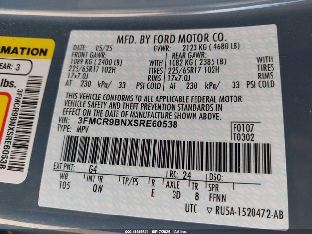 Продаж на аукціоні авто 2025 Ford Bronco Sport Big Bend, vin: 3FMCR9BNXSRE60538, номер лоту: 46149821