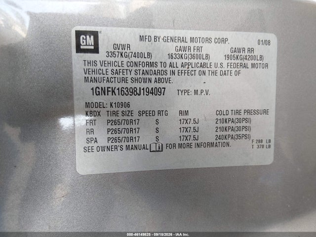 Продаж на аукціоні авто 2008 Chevrolet Suburban 1500 Lt, vin: 1GNFK16398J194097, номер лоту: 46149825