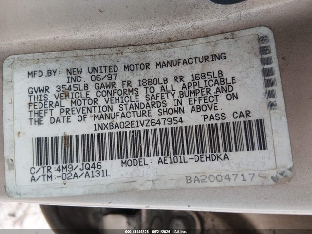 1997 Toyota Corolla Ce მანქანა იყიდება აუქციონზე, vin: 1NXBA02E1VZ647954, აუქციონის ნომერი: 46149826