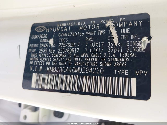 Продаж на аукціоні авто 2021 Hyundai Tucson Value, vin: KM8J3CA40MU294220, номер лоту: 46149831