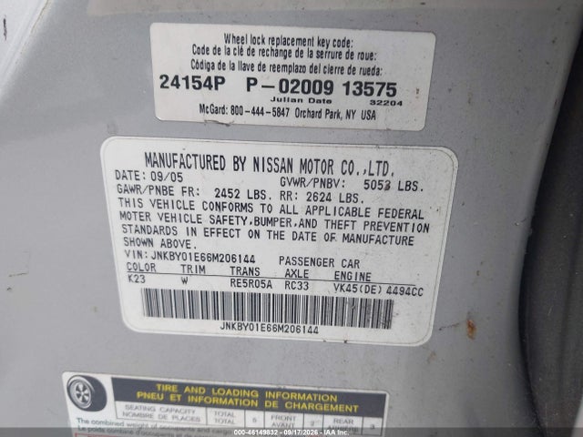 Auction sale of the 2006 Infiniti M45 Sport, vin: JNKBY01E66M206144, lot number: 46149832