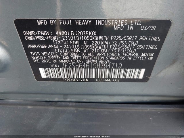Продажа на аукционе авто 2009 Subaru Forester 2.5x Limited, vin: JF2SH64619H794719, номер лота: 46149845