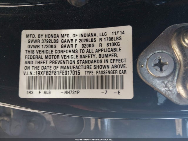 2015 Honda Civic Ex მანქანა იყიდება აუქციონზე, vin: 19XFB2F81FE017015, აუქციონის ნომერი: 46149848