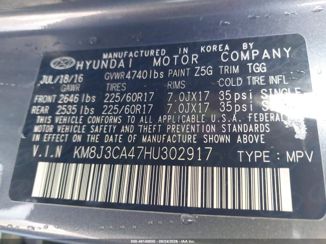 2017 Hyundai Tucson Se მანქანა იყიდება აუქციონზე, vin: KM8J3CA47HU302917, აუქციონის ნომერი: 46149850