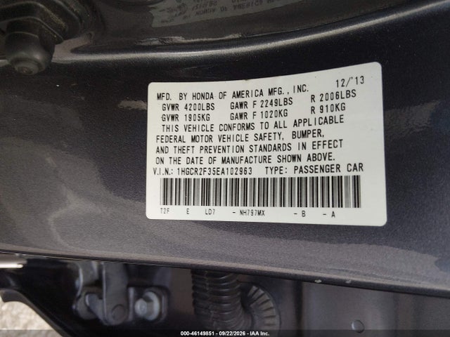 Honda ACCORD LX 2014 1HGCR2F35EA102963 Image 9