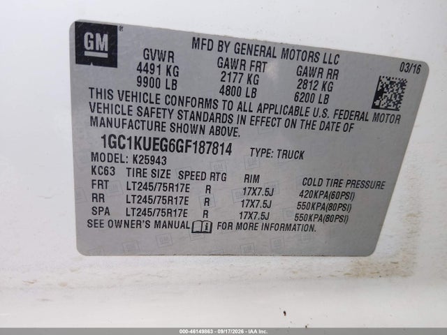 46149863 :رقم المزاد ، 1GC1KUEG6GF187814 vin ، 2016 Chevrolet Silverado 2500hd Wt مزاد بيع