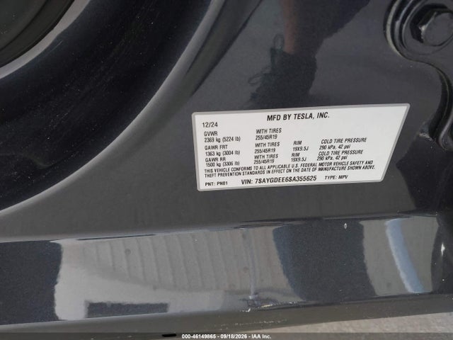 46149865 :رقم المزاد ، 7SAYGDEE6SA355625 vin ، 2025 Tesla Model Y Long Range Dual Motor All-wheel Drive مزاد بيع