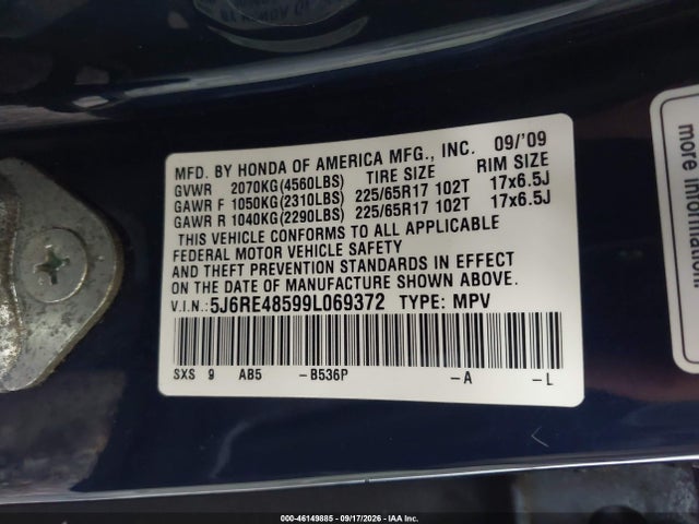 46149885 :رقم المزاد ، 5J6RE48599L069372 vin ، 2009 Honda Cr-v Ex مزاد بيع