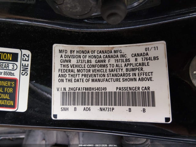 46149903 :رقم المزاد ، 2HGFA1F88BH540349 vin ، 2011 Honda Civic Ex مزاد بيع
