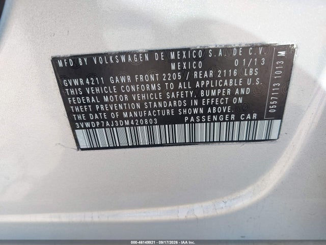 2013 Volkswagen Jetta 2.5l Se მანქანა იყიდება აუქციონზე, vin: 3VWDP7AJ3DM420803, აუქციონის ნომერი: 46149921