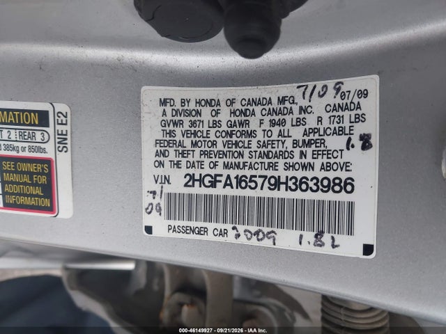 2009 Honda Civic Lx მანქანა იყიდება აუქციონზე, vin: 2HGFA16579H363986, აუქციონის ნომერი: 46149927