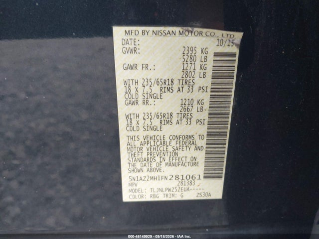 2015 Nissan Murano S მანქანა იყიდება აუქციონზე, vin: 5N1AZ2MH1FN281061, აუქციონის ნომერი: 46149929