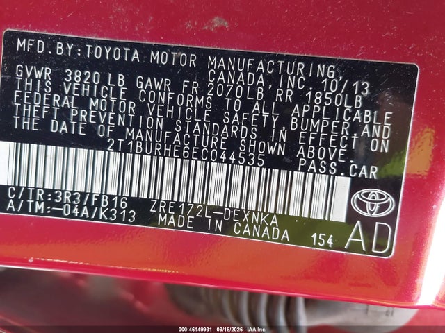 Aukcja sprzedaży 2014 Toyota Corolla Le, vin: 2T1BURHE6EC044535, numer aukcji: 46149931