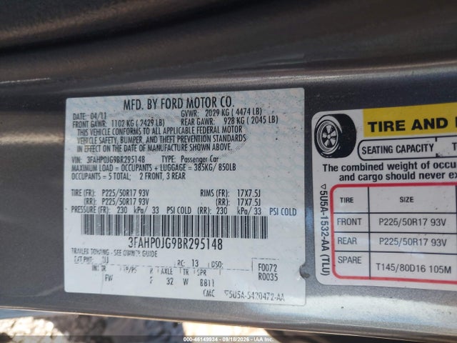 Aukcja sprzedaży 2011 Ford Fusion Sel, vin: 3FAHP0JG9BR295148, numer aukcji: 46149934
