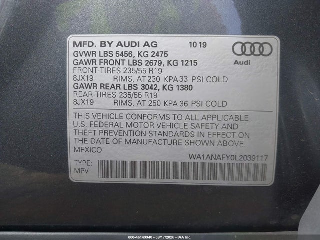 Auction sale of the 2020 Audi Q5 Premium 45 Tfsi Quattro S Tronic, vin: WA1ANAFY0L2039117, lot number: 46149940
