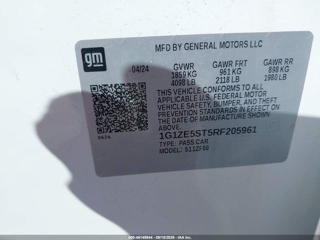 Aukcja sprzedaży 2024 Chevrolet Malibu Fwd 2lt, vin: 1G1ZE5ST5RF205961, numer aukcji: 46149944