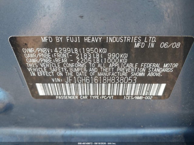 46149972 :رقم المزاد ، JF1GH61618H838053 vin ، 2008 Subaru Impreza 2.5i مزاد بيع