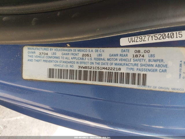 Aukcja sprzedaży 2001 Volkswagen New Beetle Gl, vin: 3VWBS21C51M422218, numer aukcji: 46149973