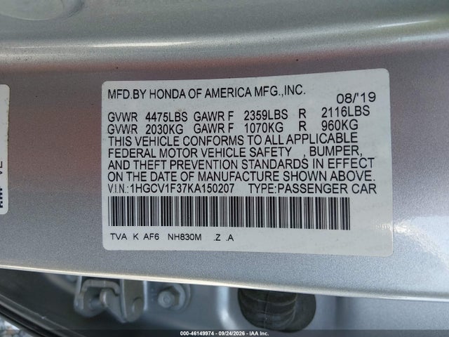 46149974 :رقم المزاد ، 1HGCV1F37KA150207 vin ، 2019 Honda Accord Sport مزاد بيع