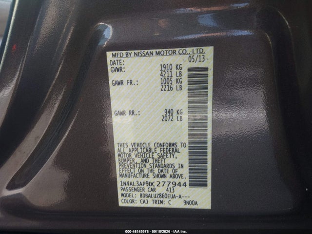 2013 Nissan Altima 2.5 Sv მანქანა იყიდება აუქციონზე, vin: 1N4AL3AP9DC277944, აუქციონის ნომერი: 46149976