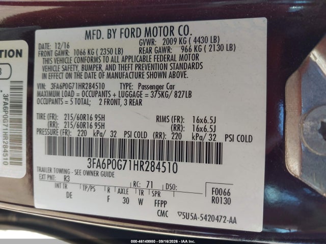 Ford FUSION S 2017 3FA6P0G71HR284510 Image 9