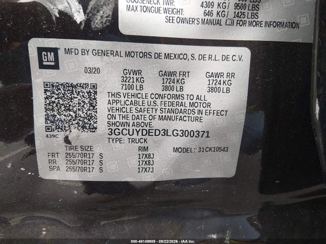 46149989 :رقم المزاد ، 3GCUYDED3LG300371 vin ، 2020 Chevrolet Silverado 1500 4wd  Short Bed Lt مزاد بيع