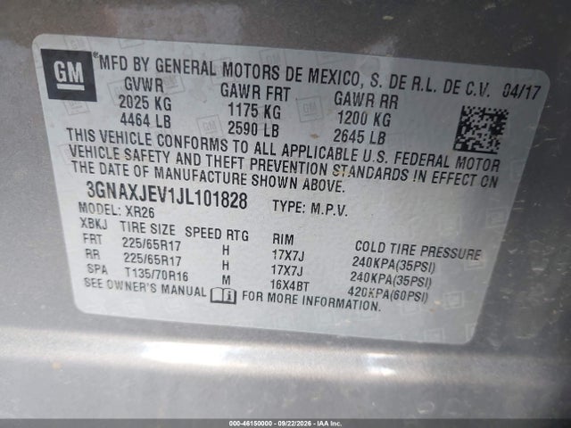 2018 Chevrolet Equinox Lt მანქანა იყიდება აუქციონზე, vin: 3GNAXJEV1JL101828, აუქციონის ნომერი: 46150000
