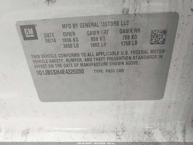 46150007 :رقم المزاد ، 1G1JB5SH4E4225030 vin ، 2014 Chevrolet Sonic Ls Manual مزاد بيع