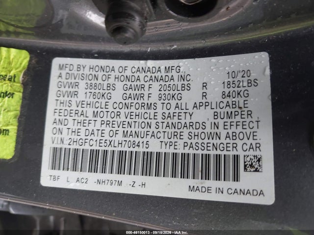 Aukcja sprzedaży 2020 Honda Civic Si Sedan, vin: 2HGFC1E5XLH708415, numer aukcji: 46150013