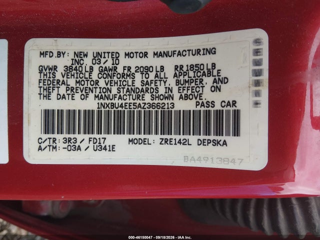 46150047 :رقم المزاد ، 1NXBU4EE5AZ366213 vin ، 2010 Toyota Corolla S مزاد بيع