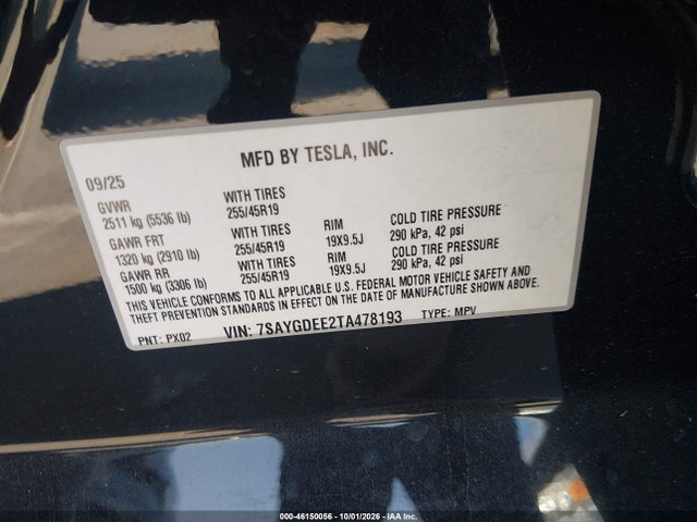 46150056 :رقم المزاد ، 7SAYGDEE2TA478193 vin ، 2026 Tesla Model Y All-wheel Drive/long Range Launch Series/premium All-wheel Drive مزاد بيع