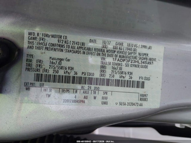 Aukcja sprzedaży 2017 Ford Focus Se, vin: 1FADP3F23HL345997, numer aukcji: 46150042