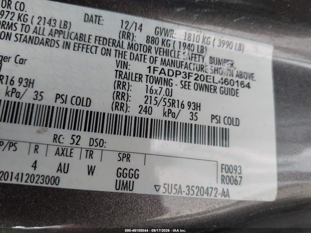 2014 Ford Focus Se მანქანა იყიდება აუქციონზე, vin: 1FADP3F20EL460164, აუქციონის ნომერი: 46150044