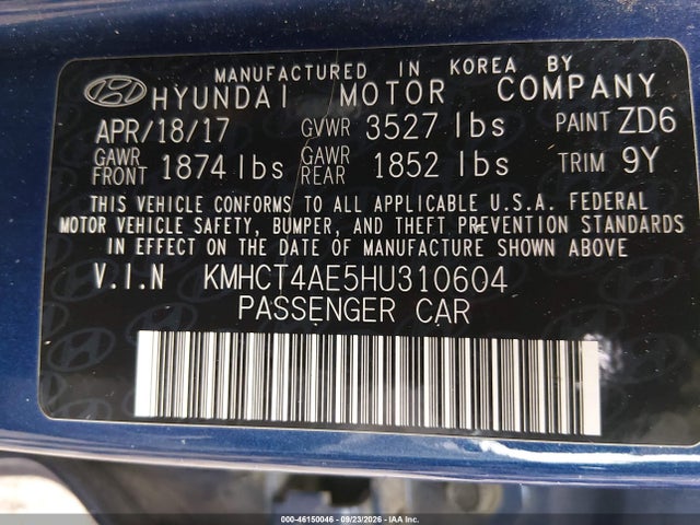 Продажа на аукционе авто 2017 Hyundai Accent Se, vin: KMHCT4AE5HU310604, номер лота: 46150046
