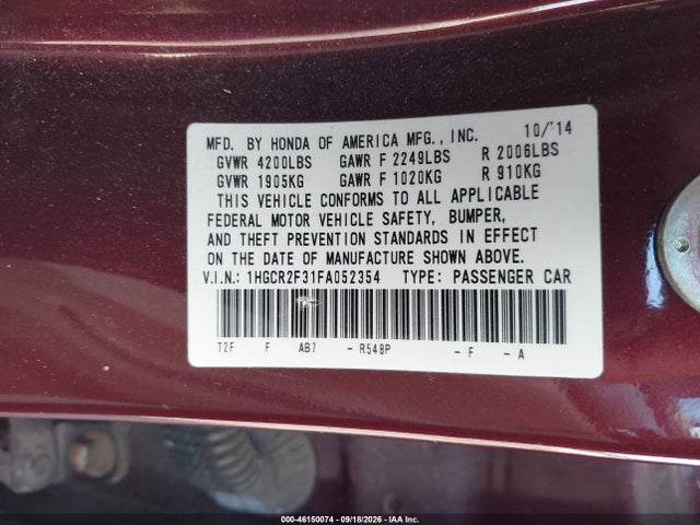 46150074 :رقم المزاد ، 1HGCR2F31FA052354 vin ، 2015 Honda Accord Lx مزاد بيع