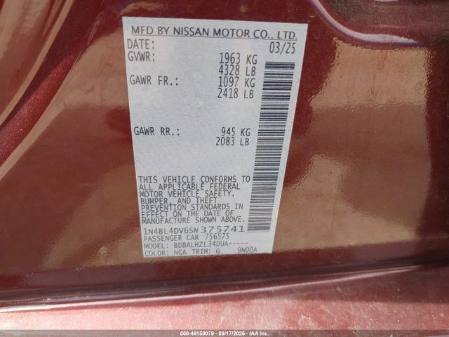 Продаж на аукціоні авто 2025 Nissan Altima Sv Fwd, vin: 1N4BL4DV6SN375741, номер лоту: 46150079