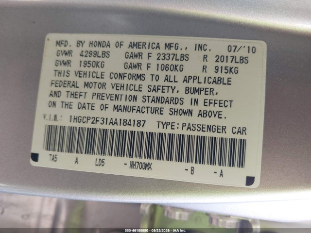 46150080 :رقم المزاد ، 1HGCP2F31AA184187 vin ، 2010 Honda Accord 2.4 Lx مزاد بيع