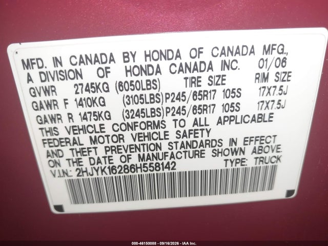 2006 Honda Ridgeline Rt მანქანა იყიდება აუქციონზე, vin: 2HJYK16286H558142, აუქციონის ნომერი: 46150088