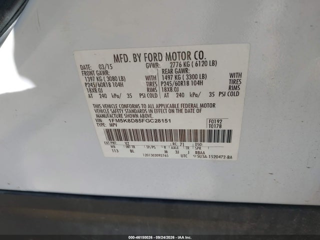 46150026 :رقم المزاد ، 1FM5K8D85FGC28151 vin ، 2015 Ford Explorer Xlt مزاد بيع